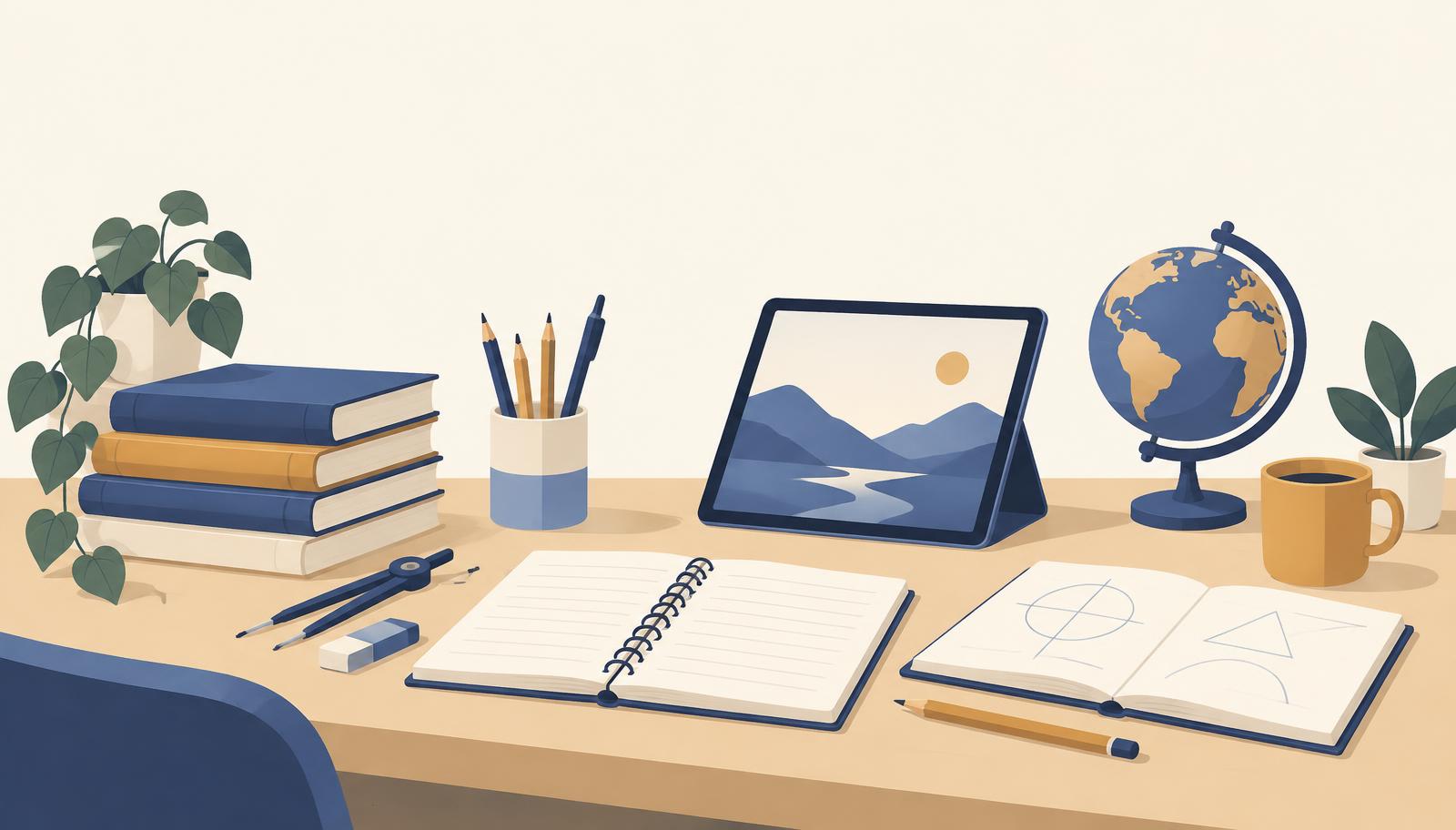 Books, notebooks and a study desk representing daily practice at K2 Learning Hub